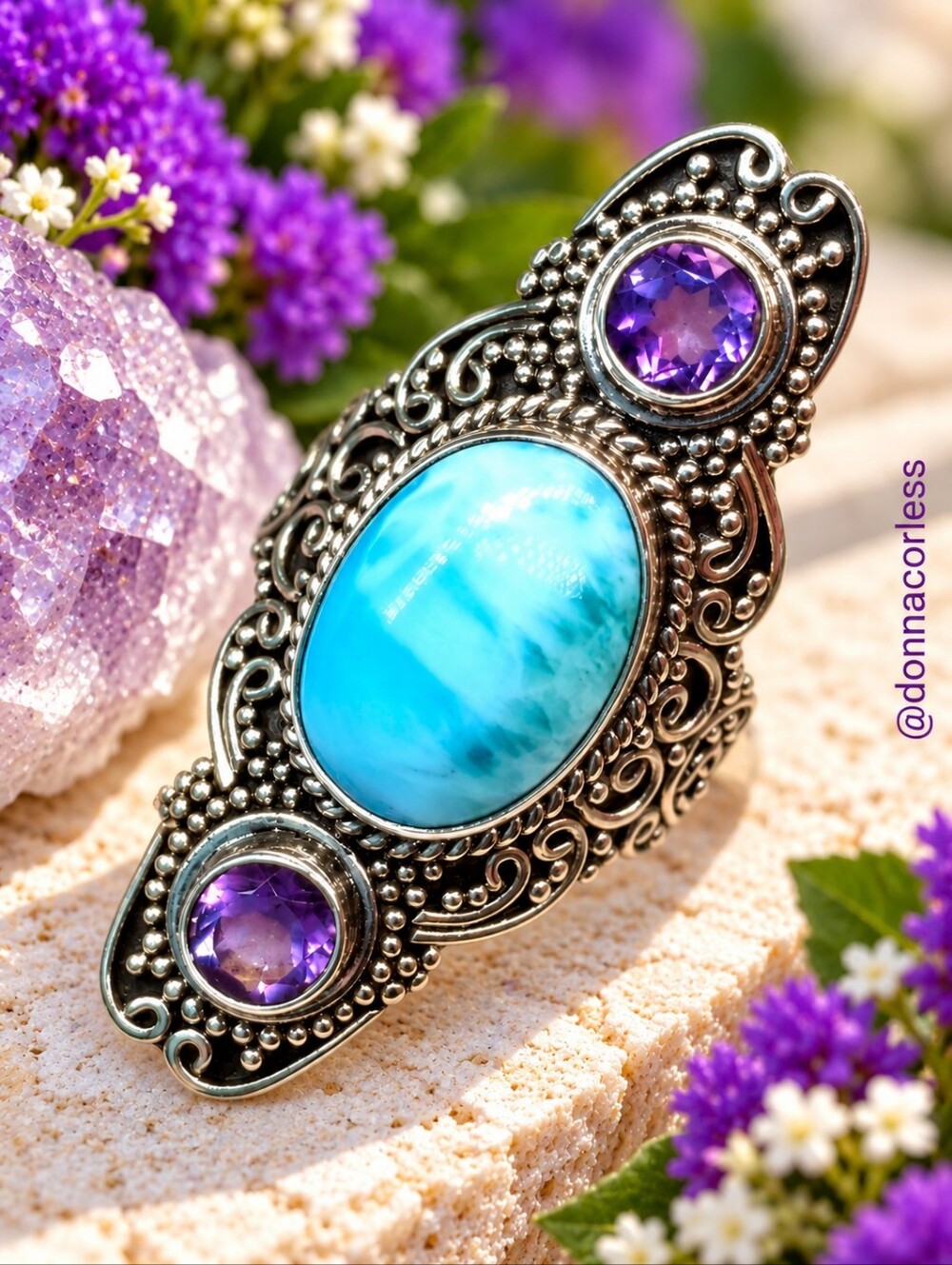 Bali Legacy Larimar Amethyst 7ct Sterling Silver Statement Ring Size 7 NWT